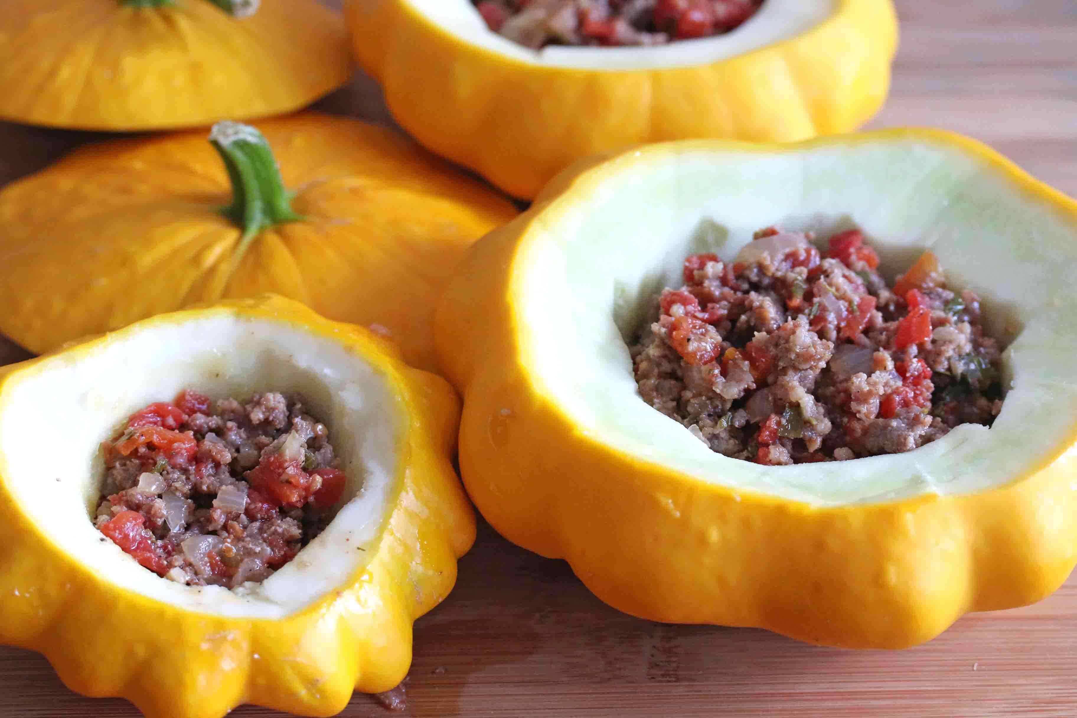 stuffed patty pan squash recipe italian ground sausage beef chicken turkey pork tomatoes 