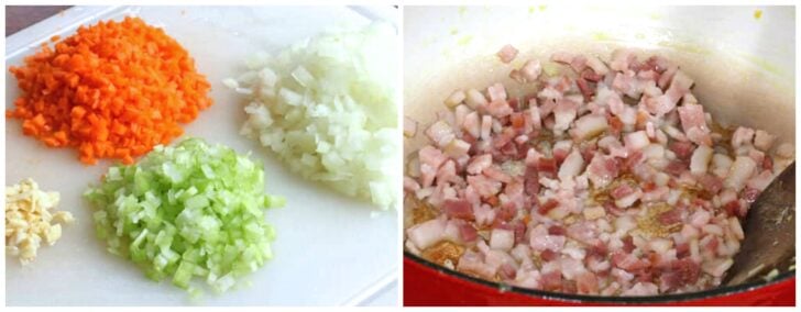 chopped vegetables frying bacon