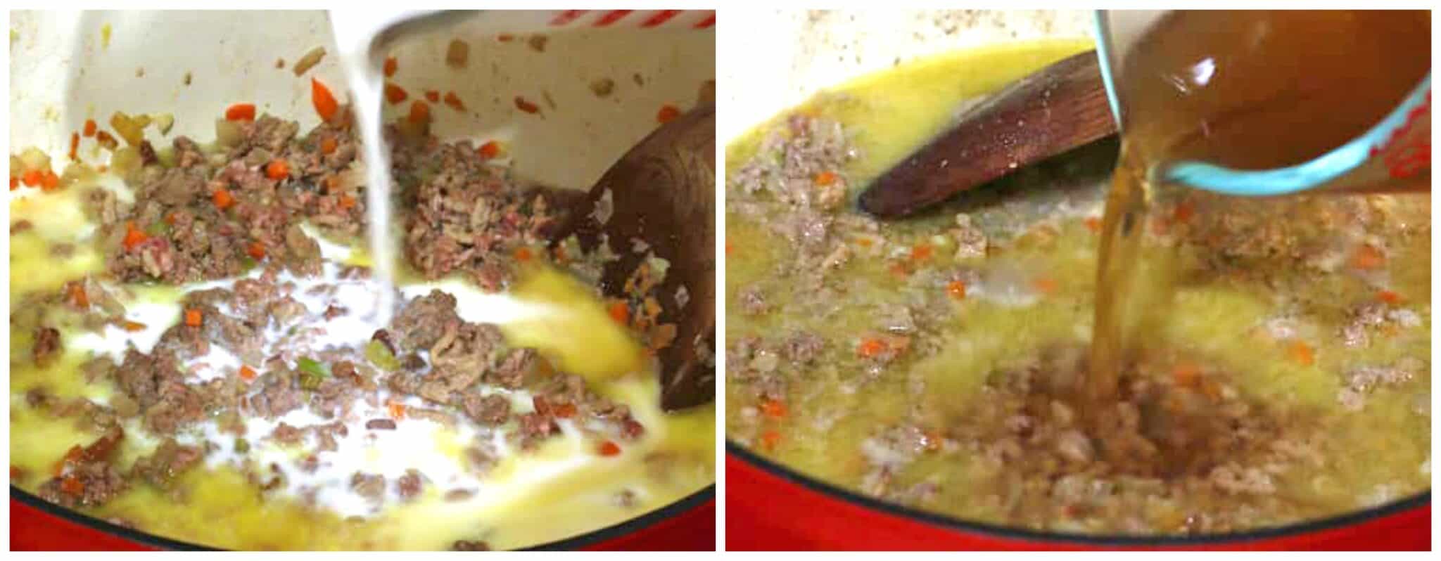 adding milk and broth to the pot