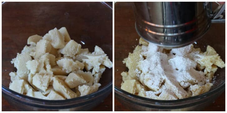 marzipan and powdered sugar in bowl