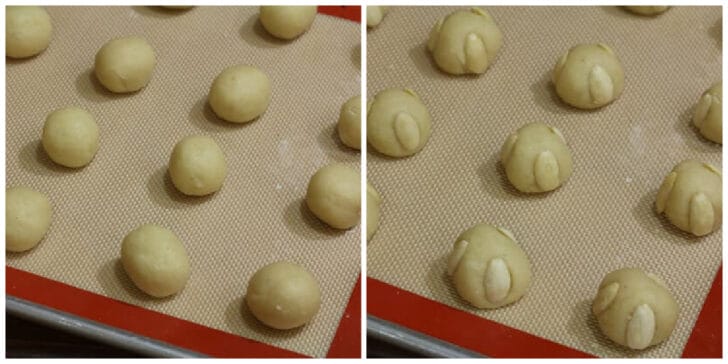 forming cookie balls and adding almonds