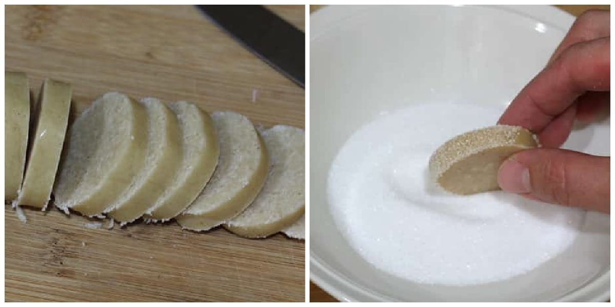 slicing cookies and rolling them into sugar