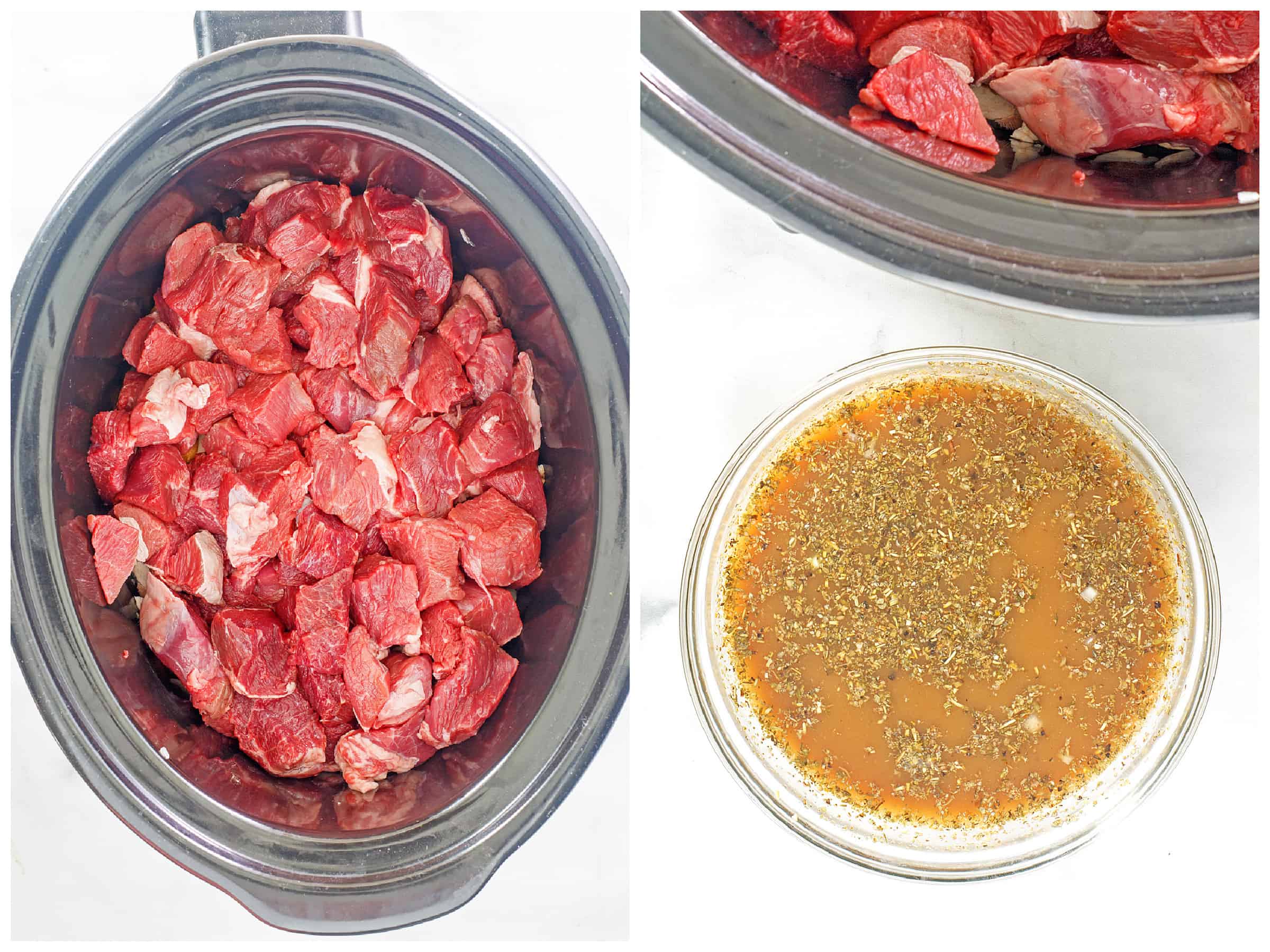adding meat, broth and seasonings