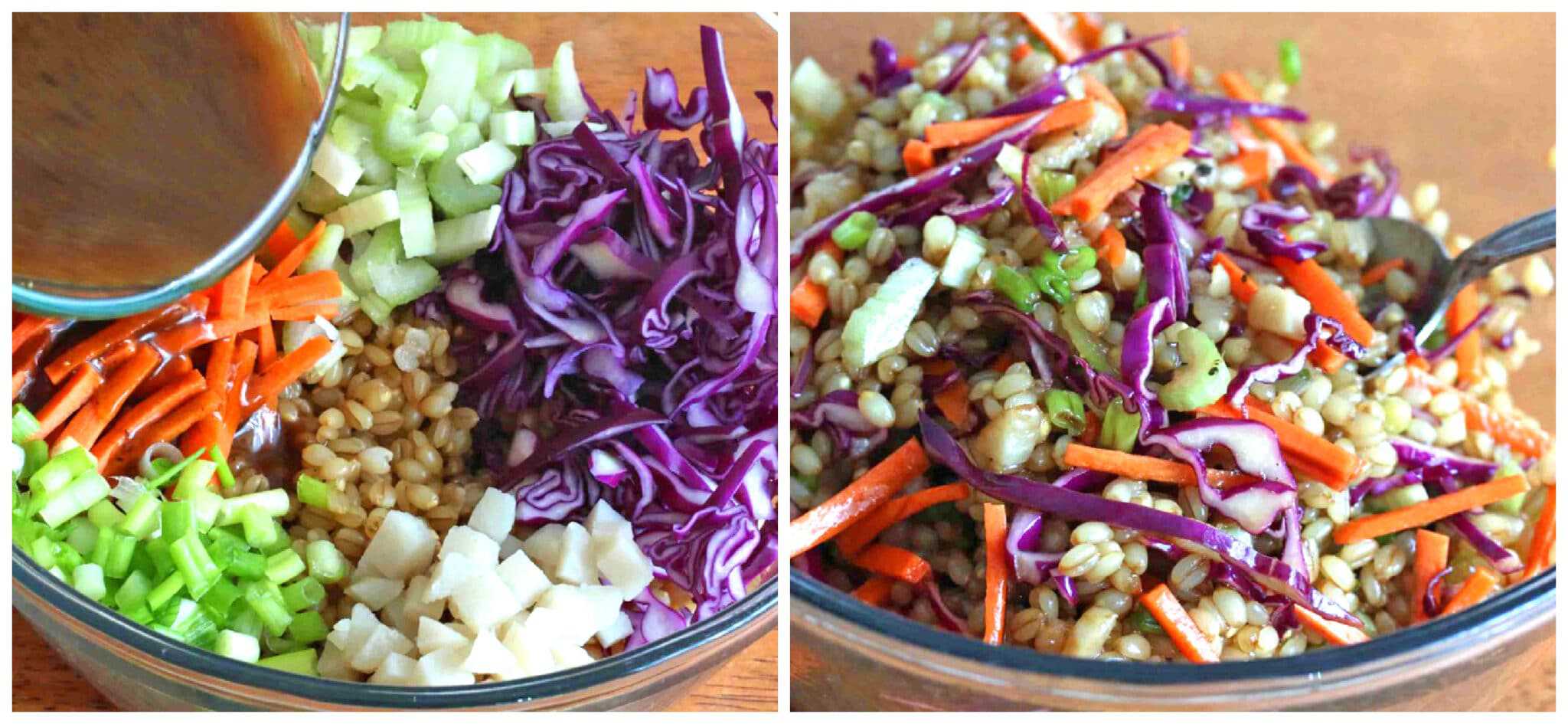 combining dressing with grains and vegetables