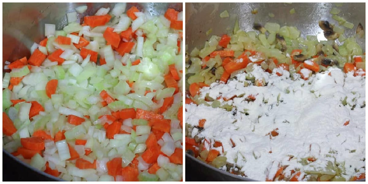 cooking veggies in pot and adding flour