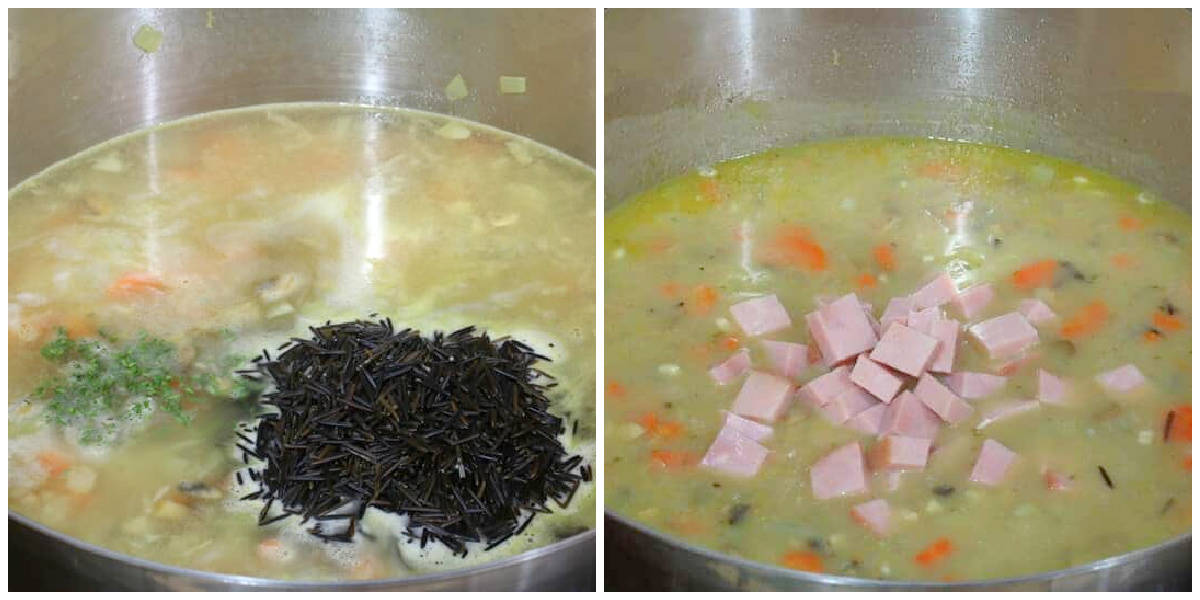 adding broth spices wild rice and ham