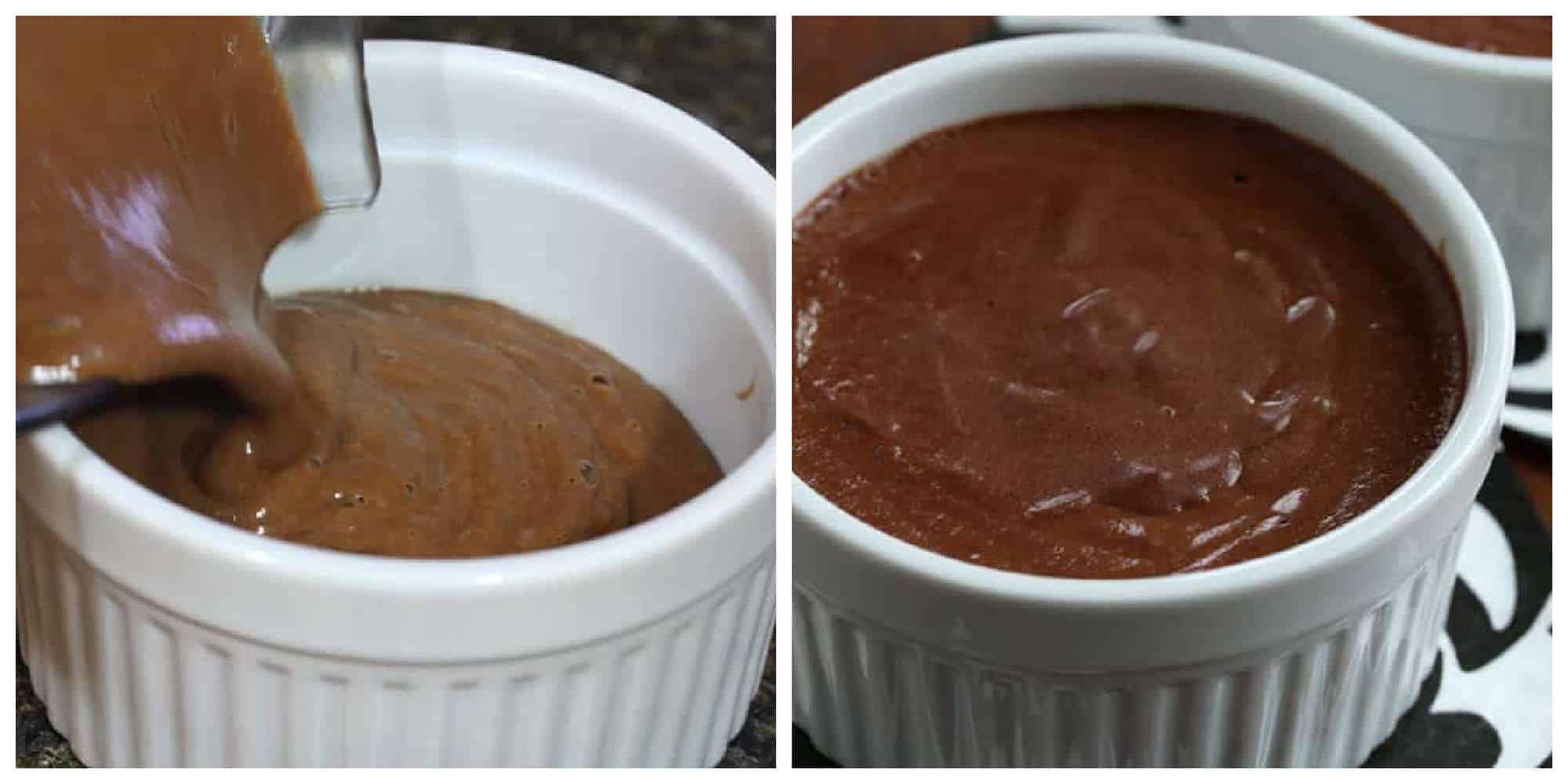 pouring chocolate mixture into ramekins
