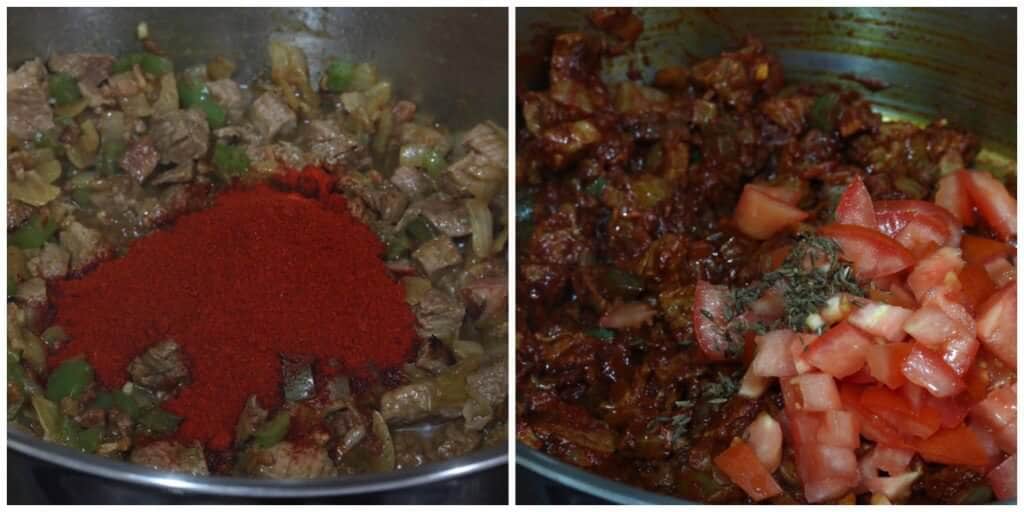 adding spices beef and tomatoes