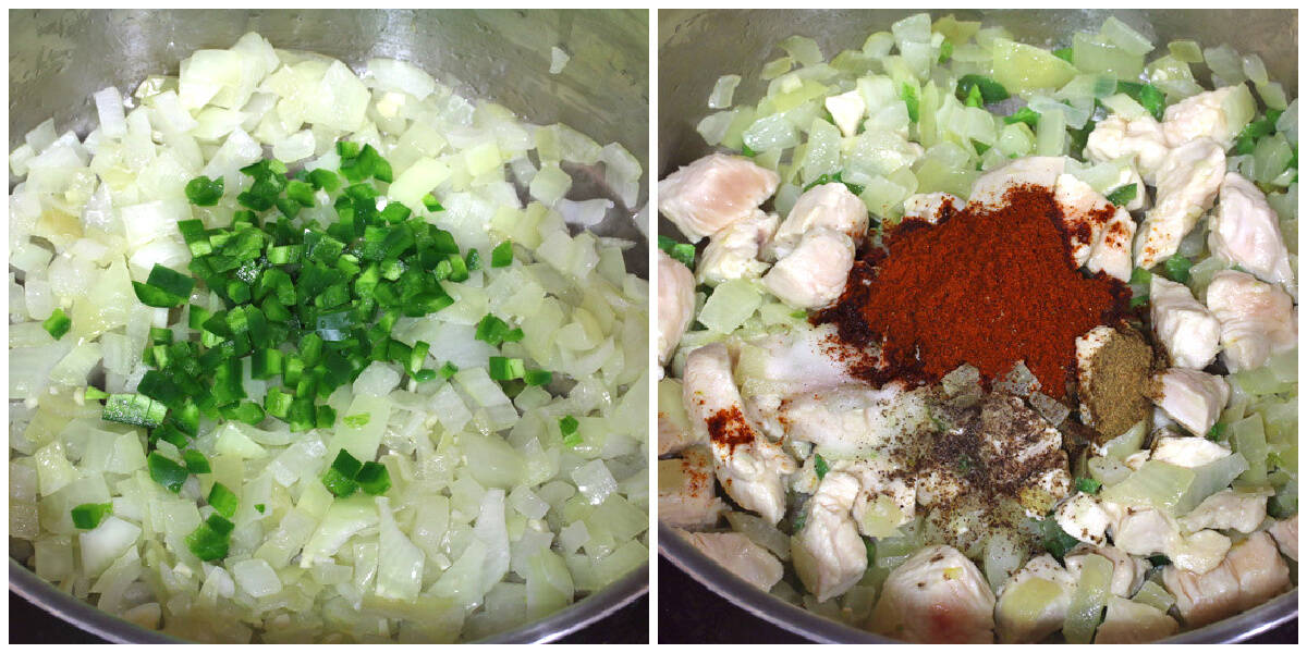 cooking onions, peppers and chicken with spices