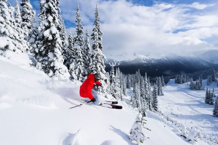 Skiing fresh powder in the Whistler alpine