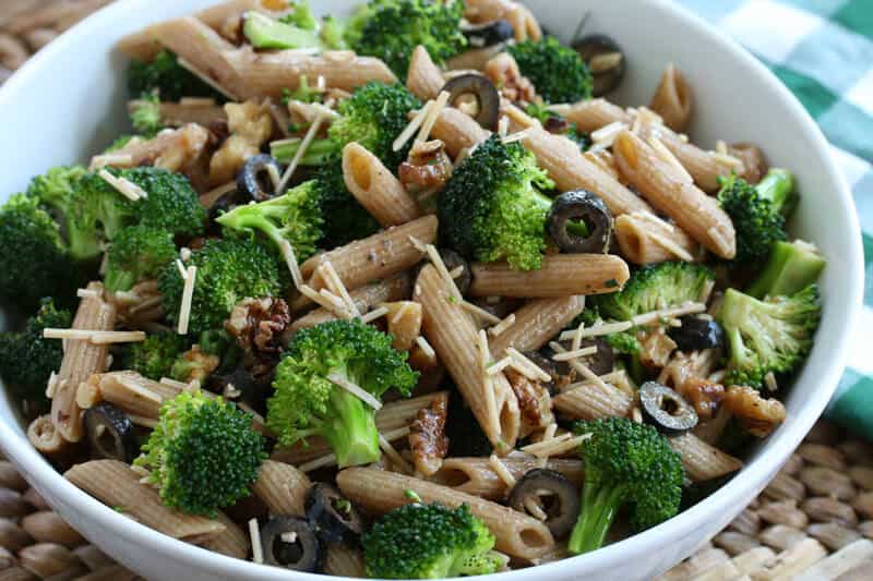 broccoli pasta salad olives walnuts parmesan whole wheat vegetarian gluten free recipe