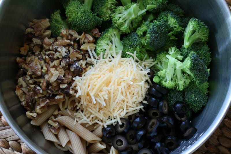 broccoli pasta salad olives walnuts parmesan whole wheat vegetarian gluten free recipe