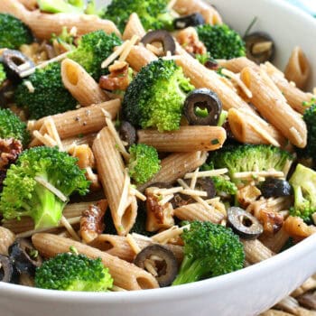 broccoli pasta salad recipe toasted walnuts olives parmesan cheese vinaigrette