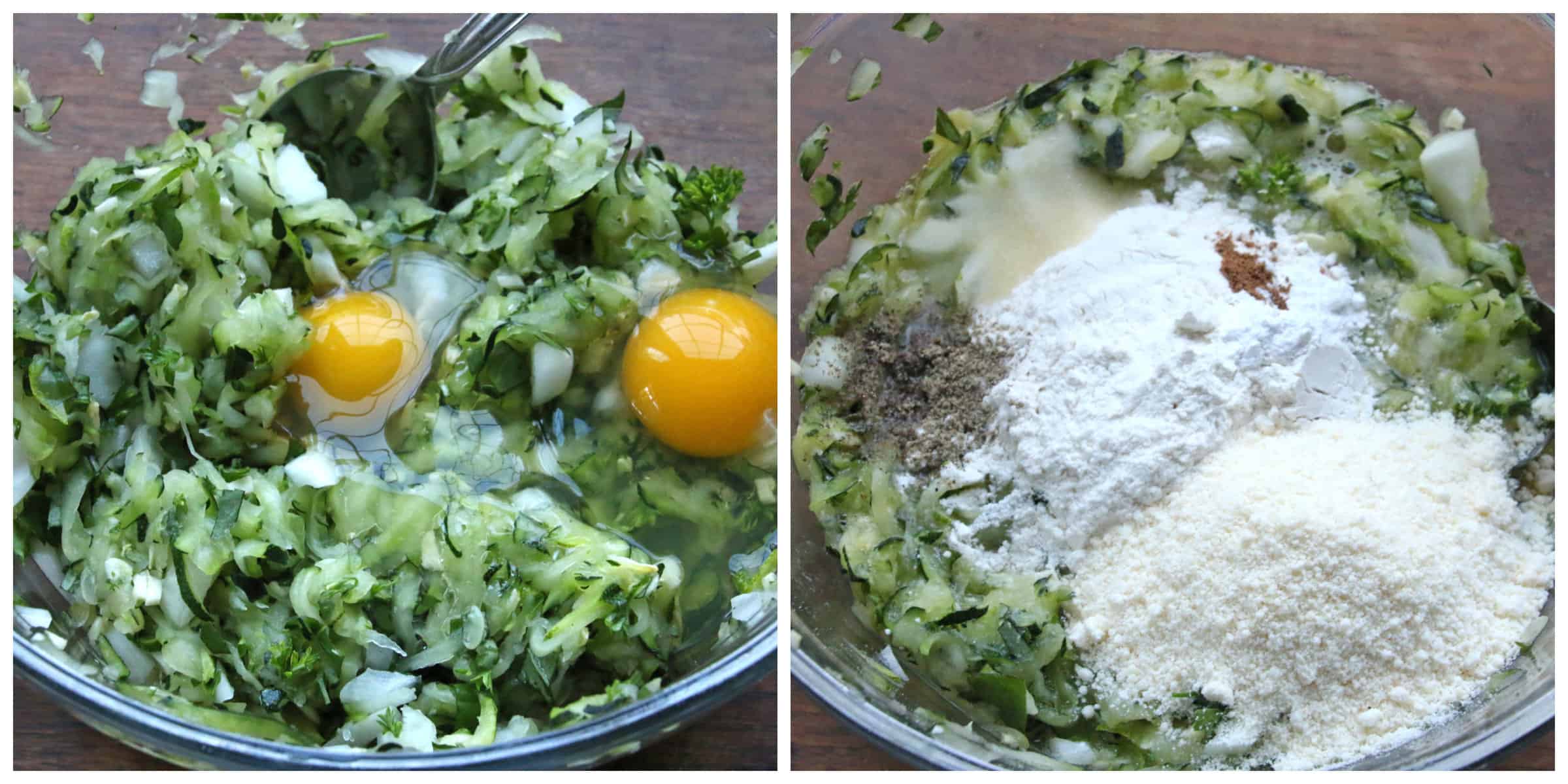 adding eggs cheese flour spices