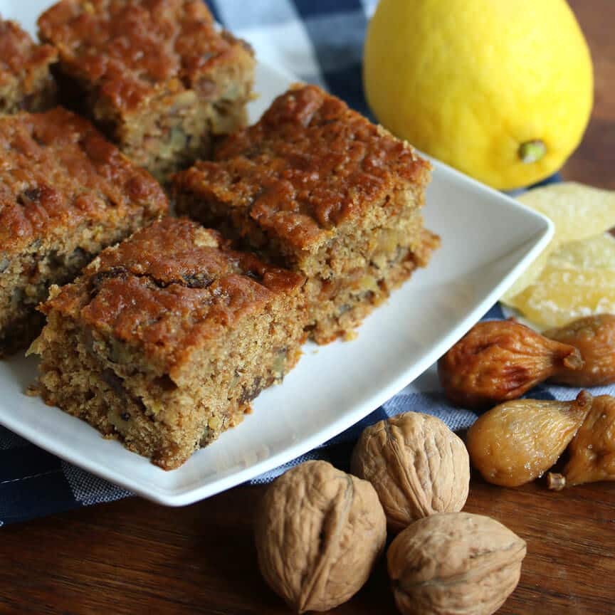 millet cake recipe spelt nuts walnuts figs candied ginger spelt lemon honey olive oil