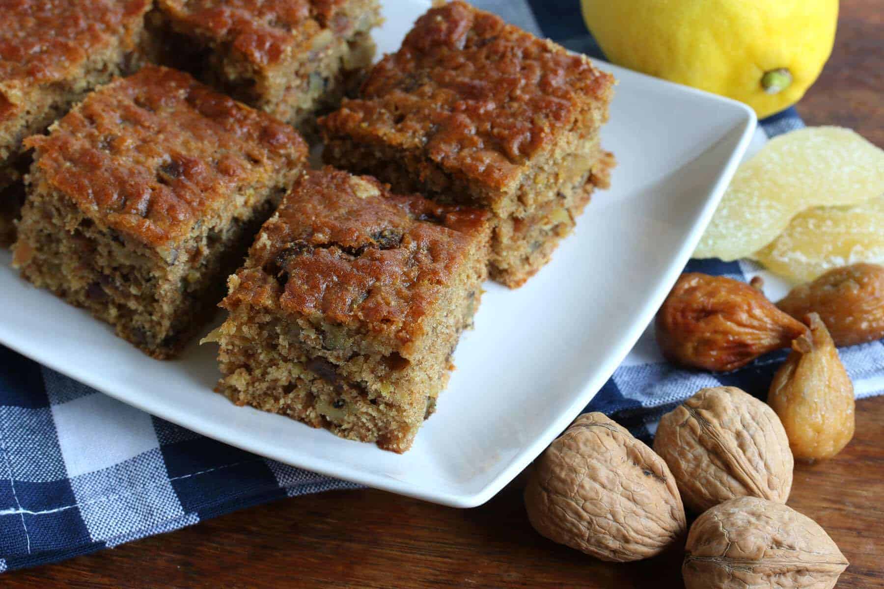 Lemon Millet Fig Cake with Walnuts and Candied Ginger
