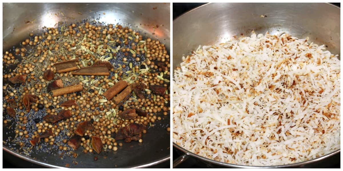 toasting the spices and coconut in skillet