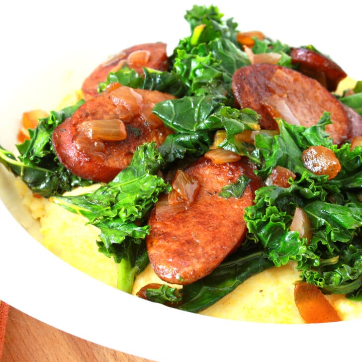 Andouille and Greens with Cheese Grits The Daring Gourmet