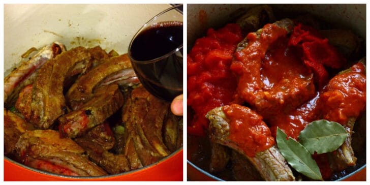 adding wine and tomatoes