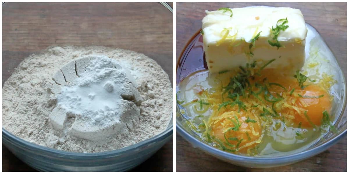 combining dry and wet ingredients in bowls