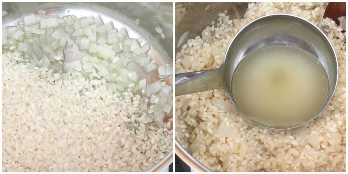 adding rice and broth to skillet
