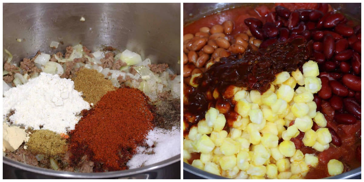 adding spices beans and corn