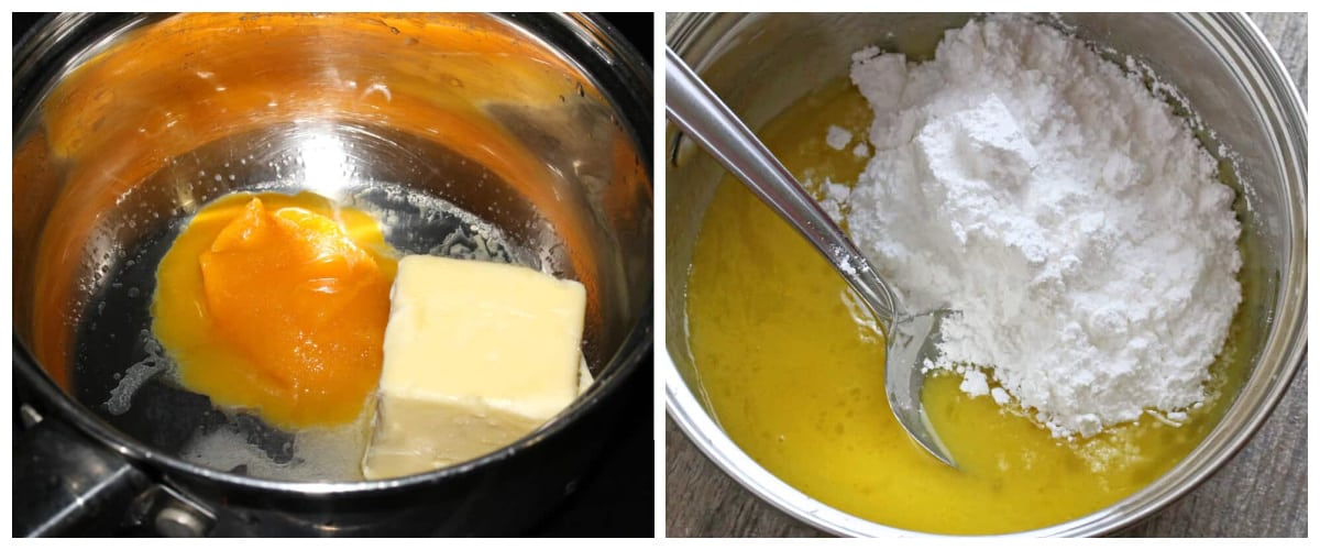 melting orange concentrate and butter then stirring in sugar