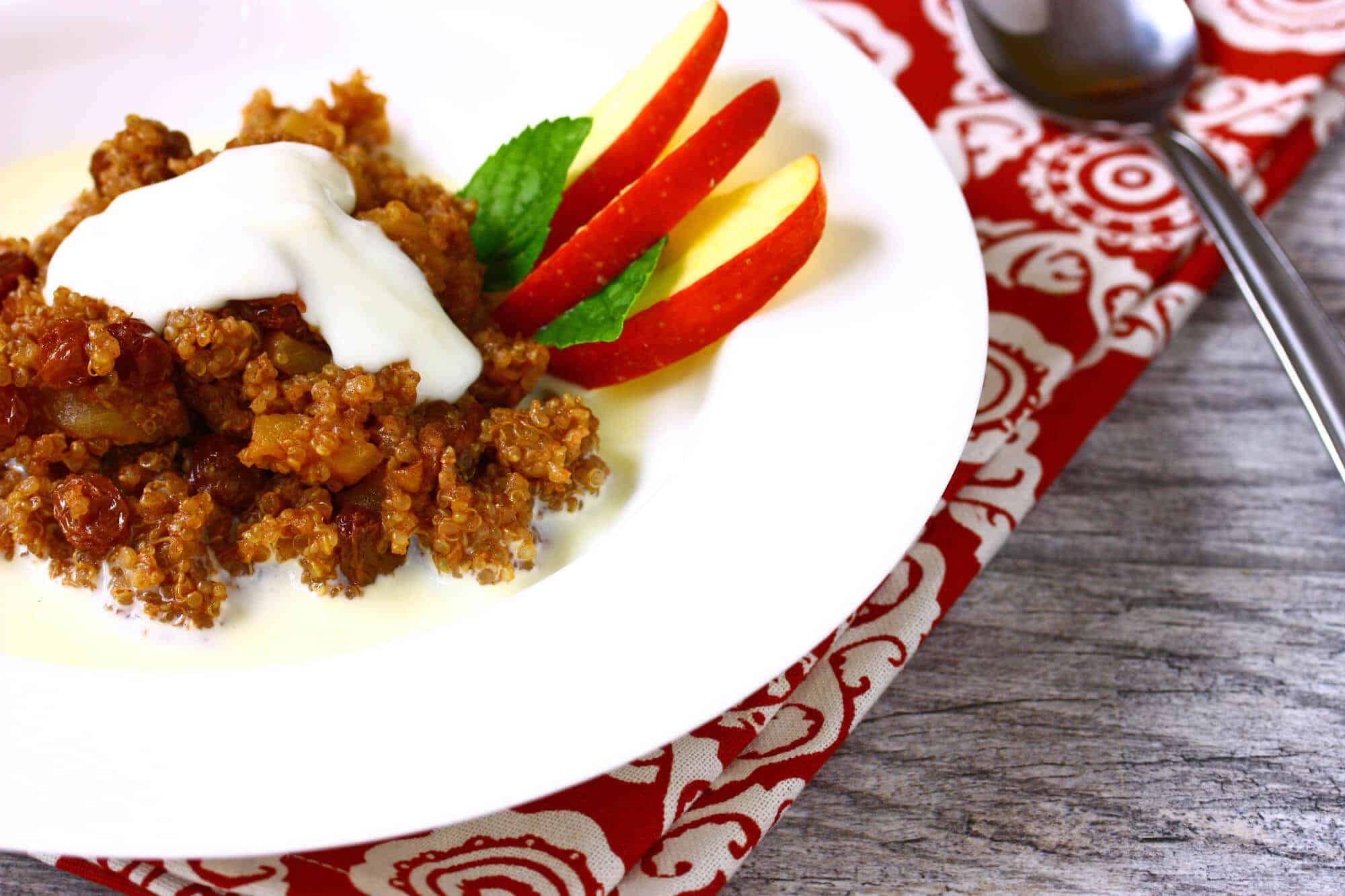 apple cinnamon quinoa cereal breakfast hot recipe raisins nuts gluten free vegan vegetarian dairy free healthy protein