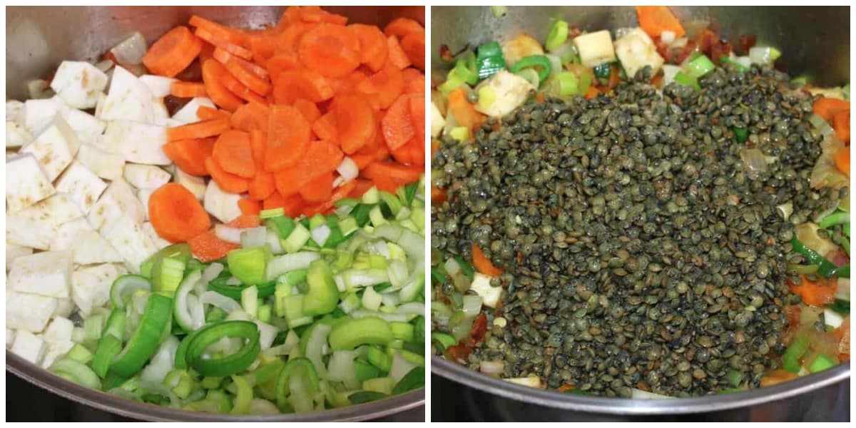 adding veggies and lentils
