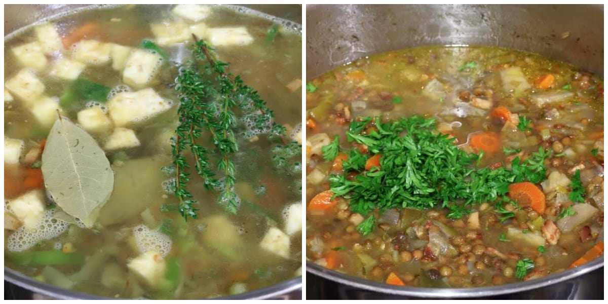 adding broth and herbs