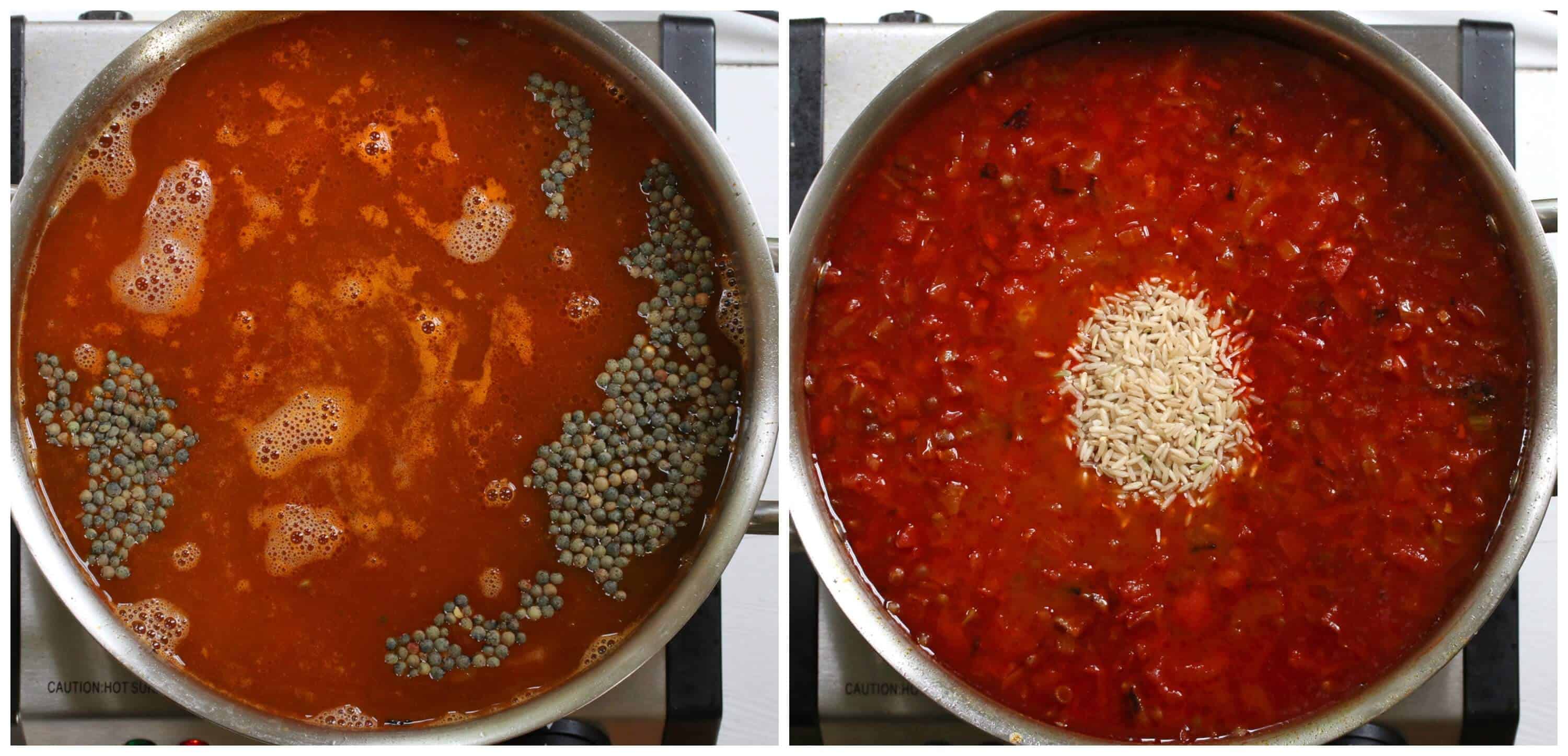 adding broth and rice