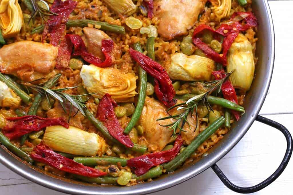 valencian paella recipe traditional authentic rice artichokes beans piquillo peppers