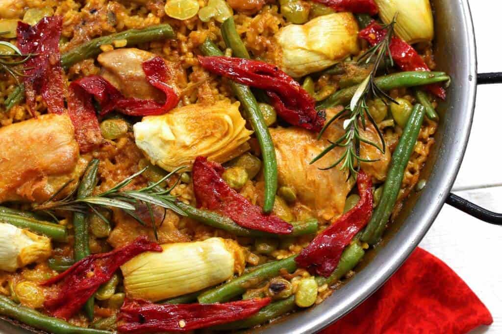 valencian paella recipe traditional authentic rice artichokes beans piquillo peppers