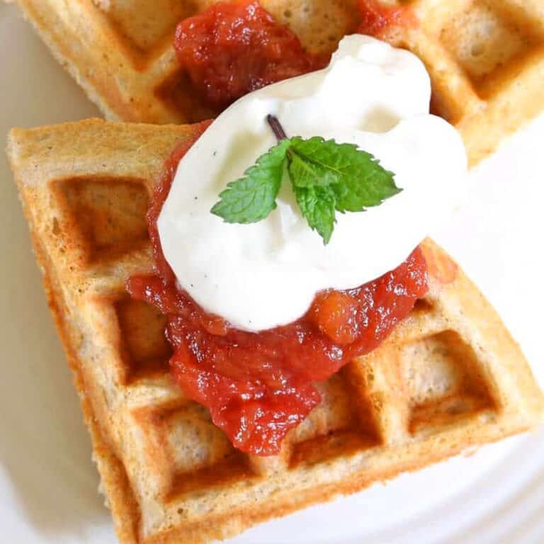 oat and buckwheat waffles recipe gluten free rhubarb compote vanilla cream