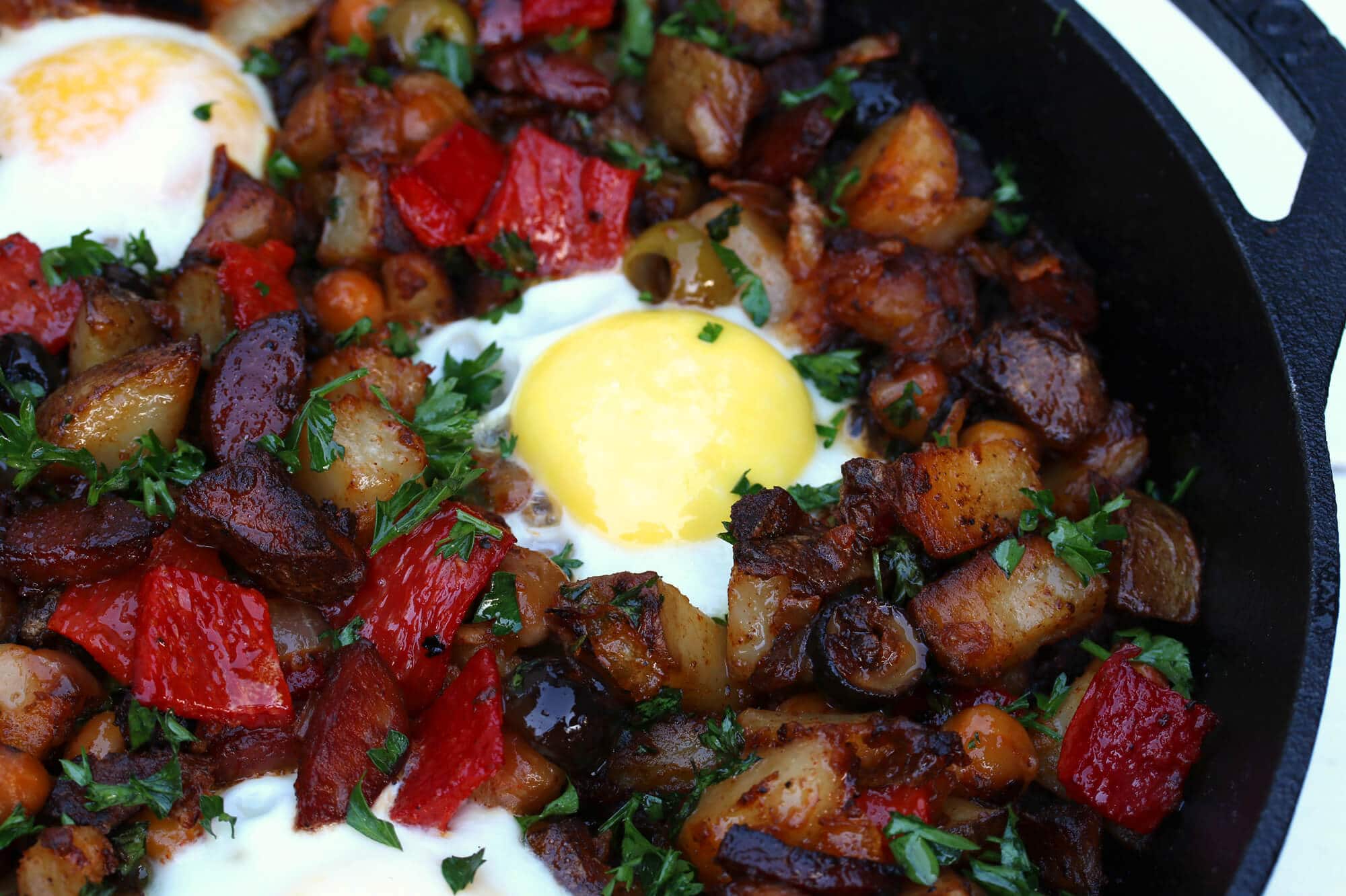 portuguese potato hash linquica sausage olives garbanzo beans chickpeas roasted peppers recipe
