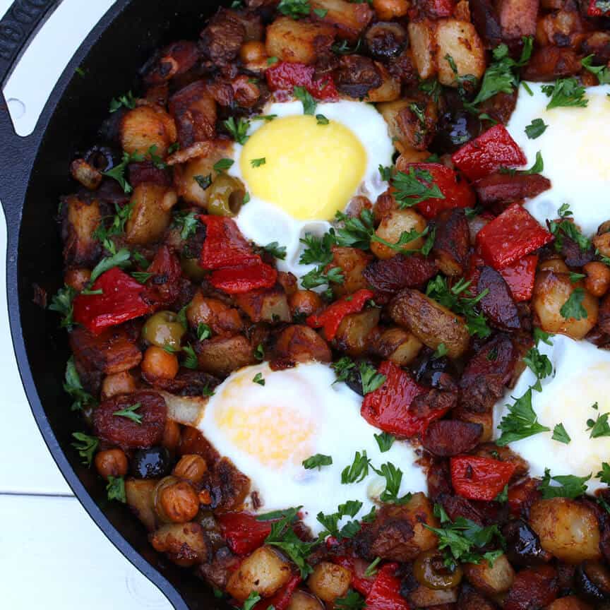 portuguese potato hash linquica sausage olives garbanzo beans chickpeas roasted peppers recipe