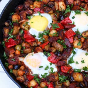 portuguese potato hash recipe linguica sausage roasted red peppers olives garbanzo beans smoked paprika