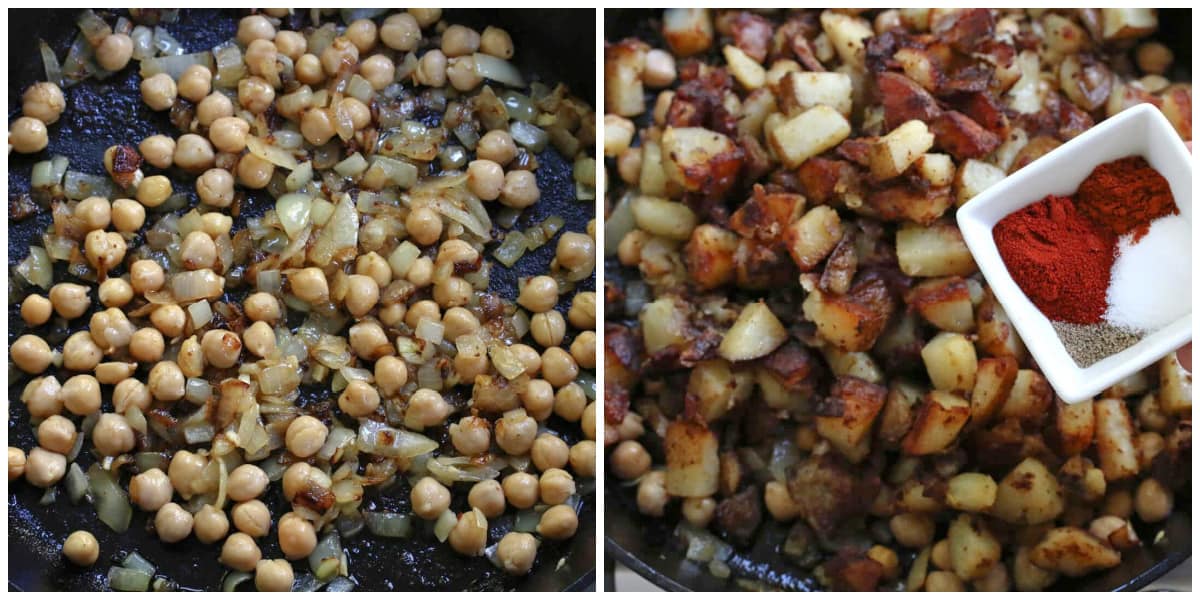 adding garbanzo beans and spices