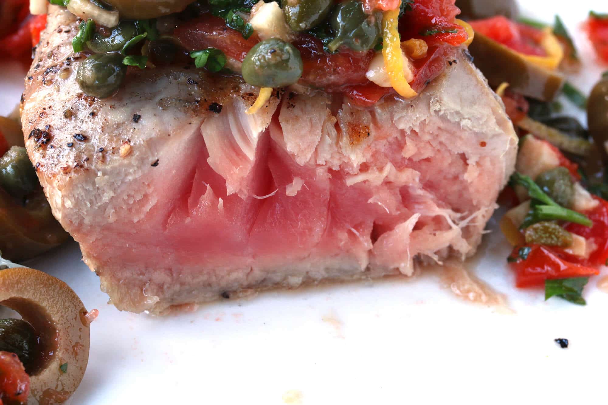 sicilian style grilled tuna steaks recipe olives capers tomatoes lemon wine sauce fish seafood