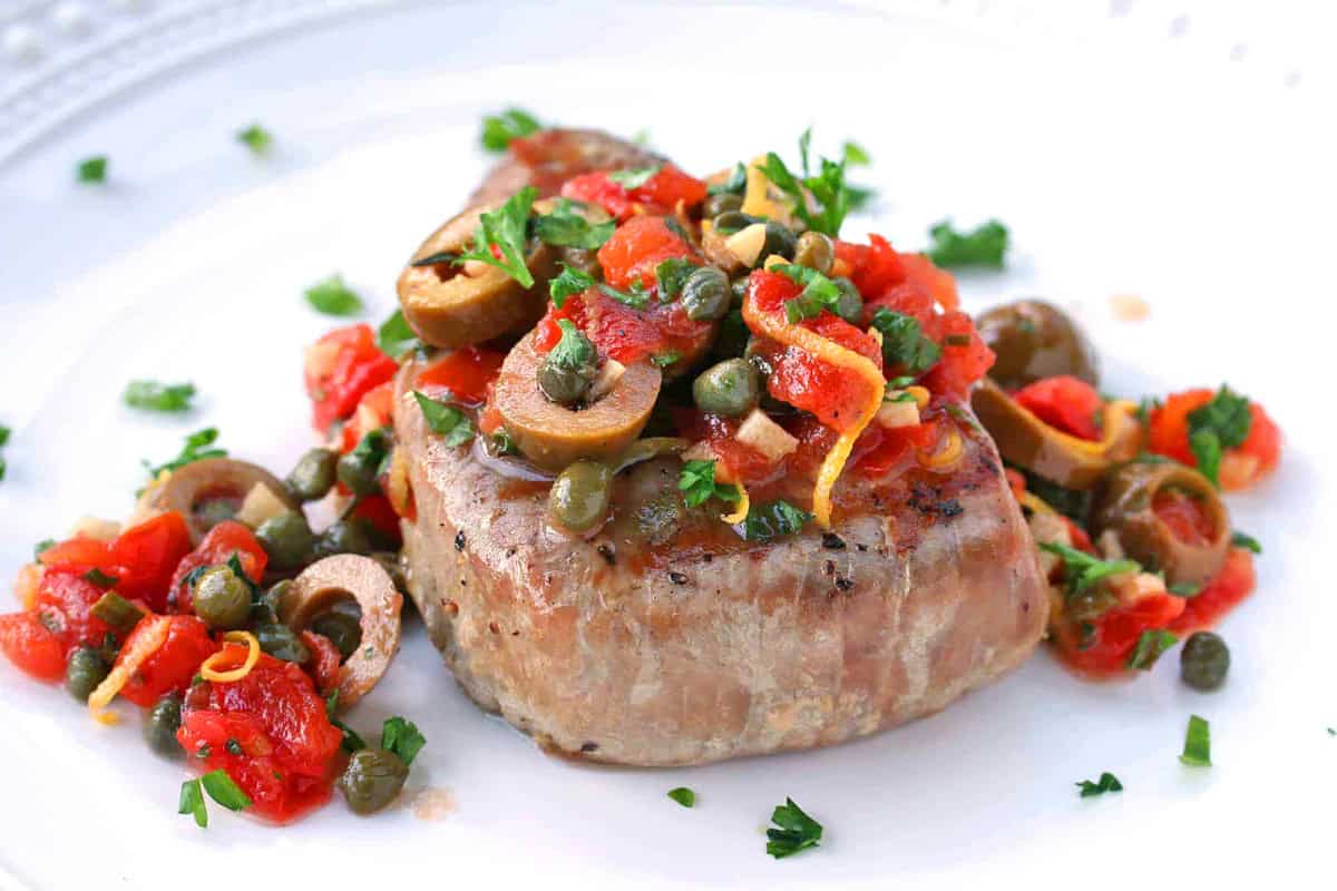 sicilian style grilled tuna steaks recipe olives capers tomatoes lemon wine sauce fish seafood