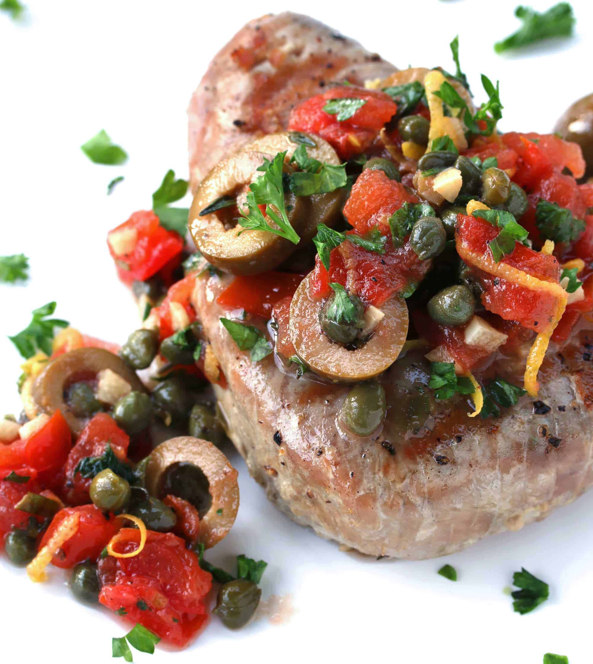 grilled tuna steaks recipe Sicilian style olives capers tomatoes lemon wine sauce fish seafood