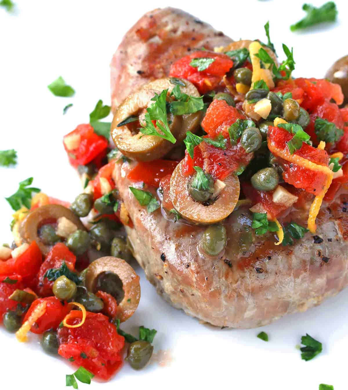 grilled tuna steaks recipe Sicilian style olives capers tomatoes lemon wine sauce fish seafood