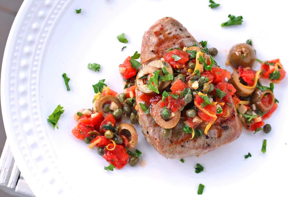 grilled tuna steaks recipe Sicilian style olives capers tomatoes lemon wine sauce fish seafood