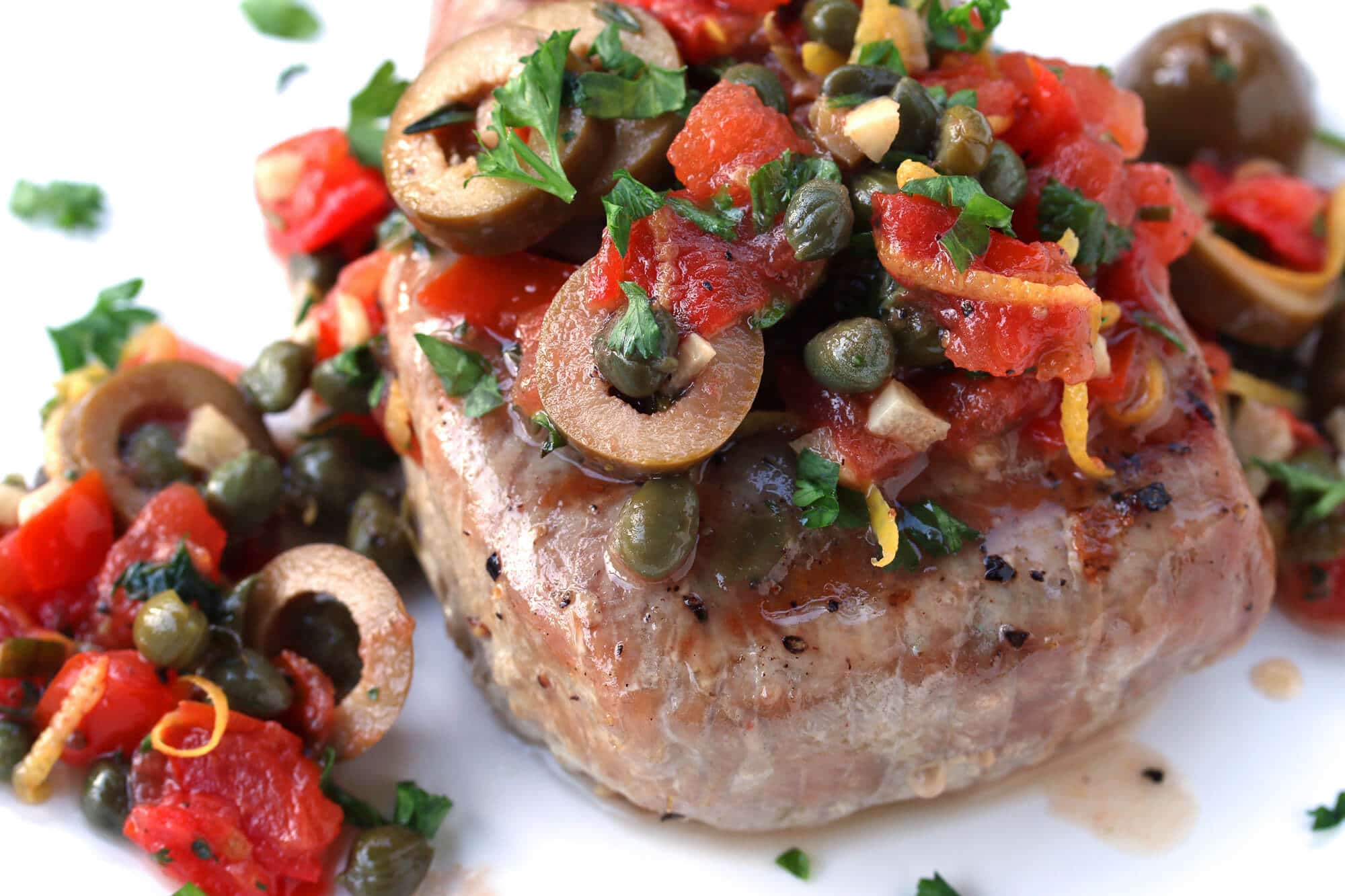 grilled tuna steaks recipe Sicilian style olives capers tomatoes lemon wine sauce fish seafood