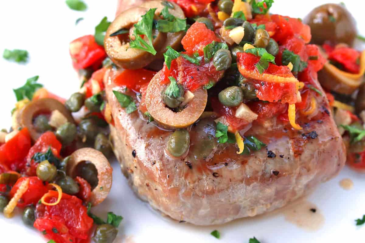 grilled tuna steaks recipe Sicilian style olives capers tomatoes lemon wine sauce fish seafood