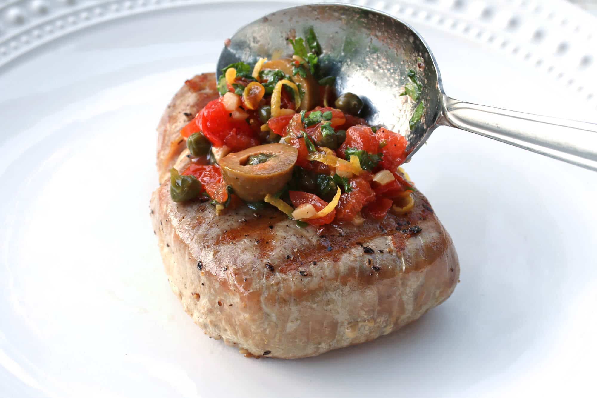 sicilian style grilled tuna steaks recipe olives capers tomatoes lemon wine sauce fish seafood