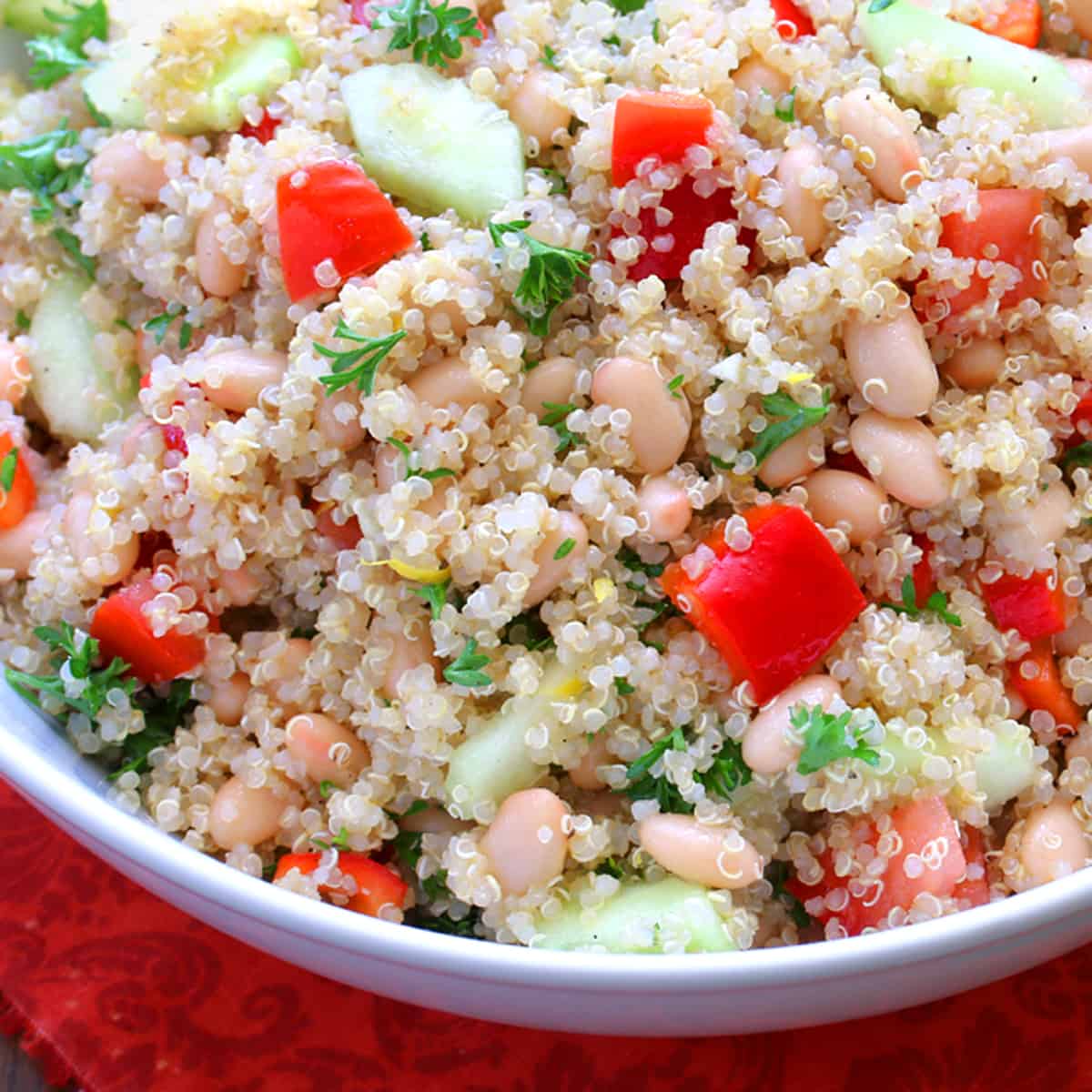 quinoa salad cannellini bean lemon lemony red bell peppers cucumbers healthy vinaigrette