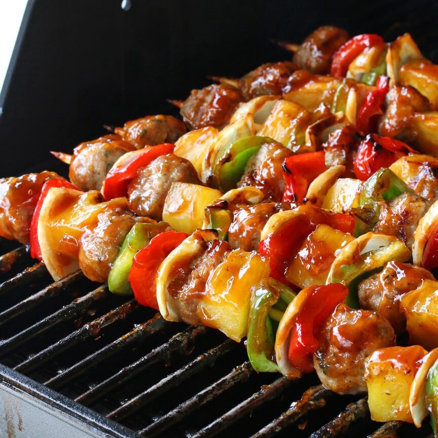 Grilled Sweet & Sour Meatball Kabobs - The Daring Gourmet