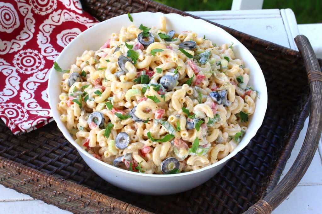 best macaroni salad recipe peppers olives capers mayonnaise moist flavorful celery onions