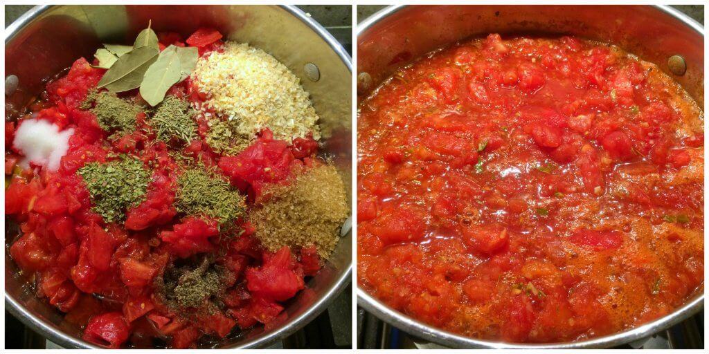 adding the tomatoes to a pot with the seasonings